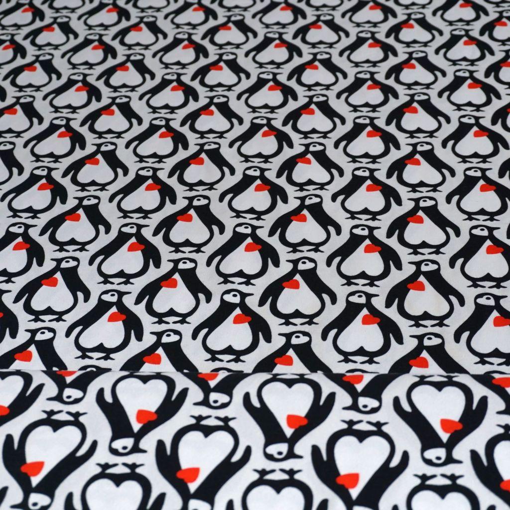 Baumwolljersey Pinguine mit Herz schwarz weiß rot